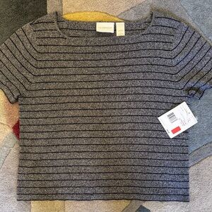 Liz Claiborne Petite L Striped Knit Top NWT Black Gray Short Sleeve Shirt